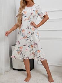 Vestido para dormir con encaje en contraste con estampado floral bajo con fruncido - Multicolor - Ver 3