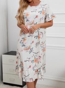 Vestido para dormir con encaje en contraste con estampado floral bajo con fruncido - Multicolor - Ver 4