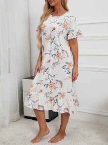 Vestido para dormir con encaje en contraste con estampado floral bajo con fruncido - Multicolor - Ver 6