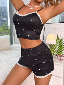 愛心圖案蕾絲邊睡衣套裝 - 黑色 - 查看 6