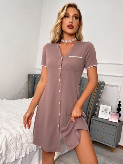Contrast Binding Pocket Front Pajama Night Dress