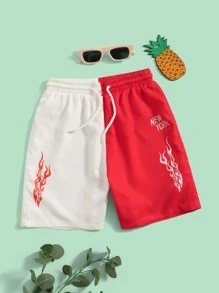 Boys Letter & Fire Print Drawstring Waist Swim Shorts - Red and White - View 1