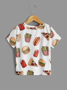SHEIN 男孩食物印花船領t恤 - 白色 - 查看 2