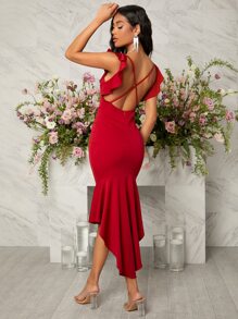 Vestido de corte sirena escote corazón de espalda abierta fruncido bajo asimétrico - Rojo - Ver 6