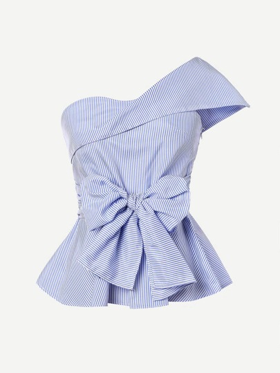 Pinstriped One-Shoulder Bow Peplum Top Peplum One Shoulder Top