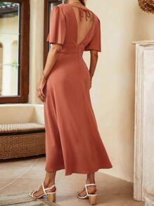 Chiquease 深V領蝴蝶袖後背繫帶下擺開叉洋裝 - 亮橙色 - 查看 2