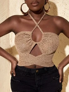 Slaydiva Solid Tie Back Halter Top - Khaki - View 4