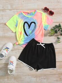 SHEIN Girls Heart Print Tee & Tie Front Shorts - Multicolor - View 1