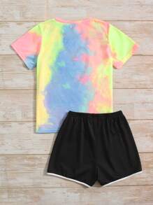SHEIN Girls Heart Print Tee & Tie Front Shorts - Multicolor - View 2