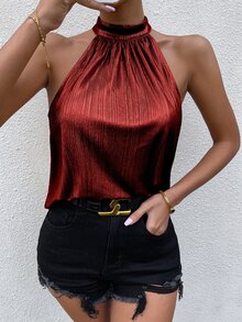 Top de cuello halter con abertura con diseño de botón - Rojo - Ver 3