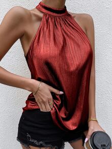 Top de cuello halter con abertura con diseño de botón - Rojo - Ver 5
