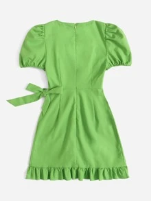 Puff Sleeve Wrap Tie Side Ruffle Trim Dress - Green - View 2