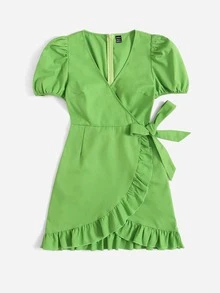 Puff Sleeve Wrap Tie Side Ruffle Trim Dress - Green - View 3