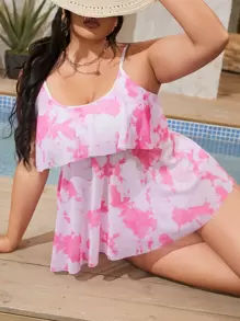 Plus Size Tie Dye Mesh Ruffle Trim Tankini Bãi biển mùa hè - Nhiều màu - Xem 1