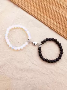 時尚流行男士2入組情侶心形吊飾串珠手鍊，適合珠寶禮物和時尚外觀 - 黑與白 - 查看 1