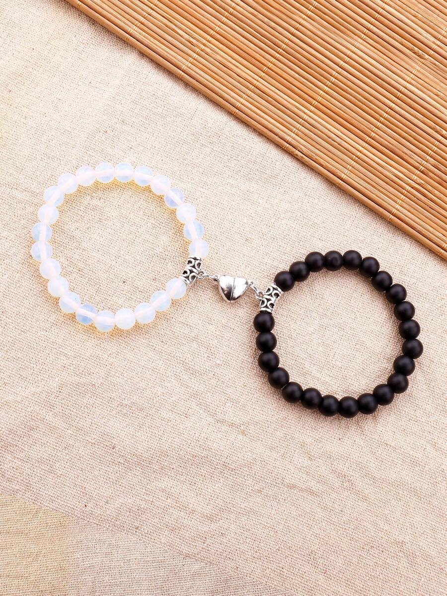 時尚流行男士2入組情侶心形吊飾串珠手鍊，適合珠寶禮物和時尚外觀 - 黑與白 - 查看 1