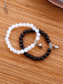 時尚流行男士2入組情侶心形吊飾串珠手鍊，適合珠寶禮物和時尚外觀 - 黑與白 - 查看 2