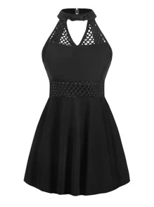 Hollow-out Swim Dress With Bikini Bottom - Black - View 1