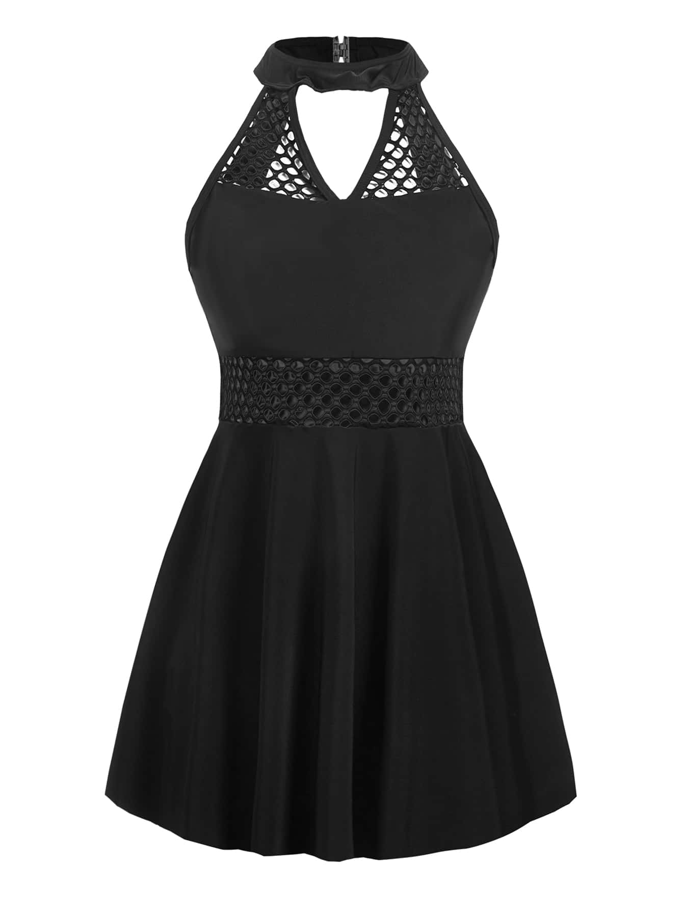 Hollow-out Swim Dress With Bikini Bottom - Black - View 1