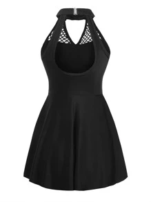 Hollow-out Swim Dress With Bikini Bottom - Black - View 2