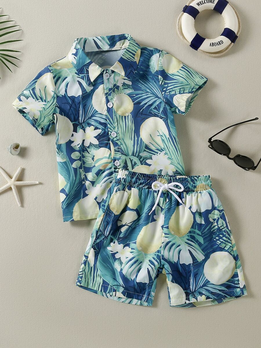 Young Boy Lemon Print Button Front Beach Swimsuit