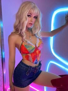 SHEIN Unity 紮染蕾絲邊掛脖上衣 - 彩色 - 查看 3