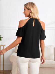 SHEIN Clasi Áo sơ mi nữ Nút Tương phản ren màu trơn Thanh lịch - màu đen - Xem 3