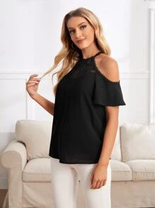 SHEIN Clasi Áo sơ mi nữ Nút Tương phản ren màu trơn Thanh lịch - màu đen - Xem 5