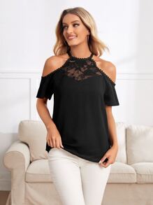 SHEIN Clasi Áo sơ mi nữ Nút Tương phản ren màu trơn Thanh lịch - màu đen - Xem 2