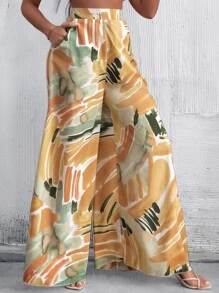 Breezaya Quần ống rộng in họa tiết cọ lưng cao - Nhiều màu - Xem 6