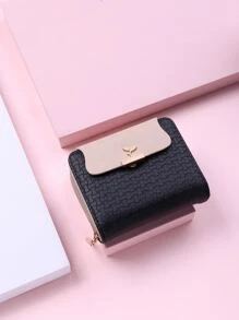 Ví gấp có nút bấm có kết cấu, ví nhỏ có cửa sổ đựng thẻ ID, ví nữ có khóa kéo, ví cầm tay, tiền mặt, nhân viên văn phòng, cho nữ sinh viên đại học, công việc, kinh doanh, đi làm, văn phòng, kỷ niệm, cặp đôi, làm quà tặng sinh nhật, quà tặng ngày lễ tình nhân, quà tặng - màu đen - Xem 1