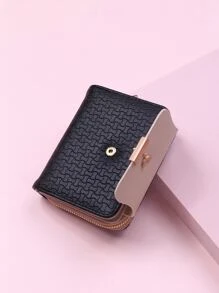 Ví gấp có nút bấm có kết cấu, ví nhỏ có cửa sổ đựng thẻ ID, ví nữ có khóa kéo, ví cầm tay, tiền mặt, nhân viên văn phòng, cho nữ sinh viên đại học, công việc, kinh doanh, đi làm, văn phòng, kỷ niệm, cặp đôi, làm quà tặng sinh nhật, quà tặng ngày lễ tình nhân, quà tặng - màu đen - Xem 2