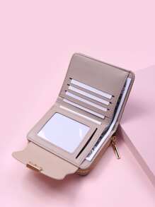 Ví gấp có nút bấm có kết cấu, ví nhỏ có cửa sổ đựng thẻ ID, ví nữ có khóa kéo, ví cầm tay, tiền mặt, nhân viên văn phòng, cho nữ sinh viên đại học, công việc, kinh doanh, đi làm, văn phòng, kỷ niệm, cặp đôi, làm quà tặng sinh nhật, quà tặng ngày lễ tình nhân, quà tặng - màu đen - Xem 4