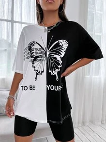 SHEIN Unity Slogan & Butterfly Print Drop Shoulder Tee Graphic Tees Women Tops - Black and White - View 3