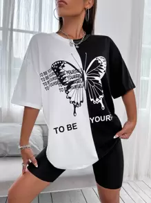 SHEIN Unity Slogan & Butterfly Print Drop Shoulder Tee Graphic Tees Women Tops - Black and White - View 1