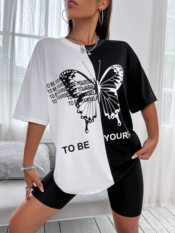 SHEIN Coolane Slogan & Butterfly Print Drop Shoulder Tee | SHEIN USA