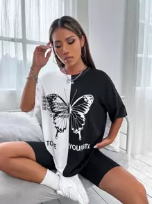 SHEIN Unity Slogan & Butterfly Print Drop Shoulder Tee Graphic Tees Women Tops - Black and White - View 5
