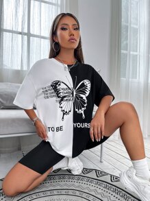SHEIN Unity Slogan & Butterfly Print Drop Shoulder Tee Graphic Tees Women Tops - Black and White - View 6