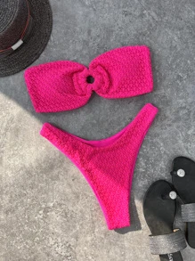 SHEIN Swim 夏季海灘環連泳帶比基尼 - 玫紅色 - 查看 4