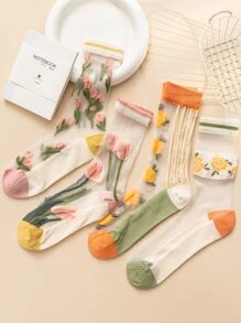 4雙花朵圖案中筒襪 - 彩色 - 查看 1