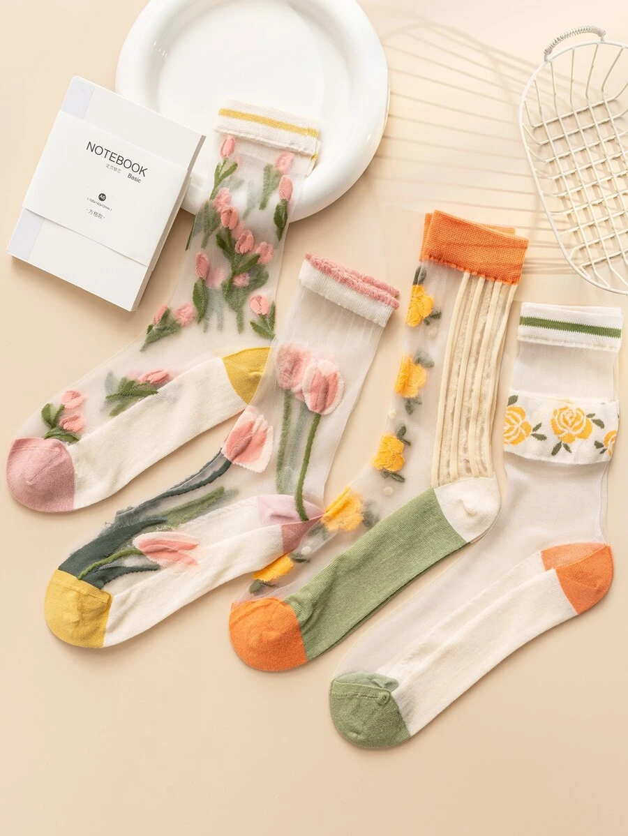 4雙花朵圖案中筒襪 - 彩色 - 查看 1