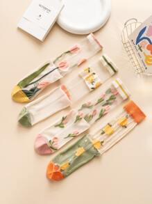 4雙花朵圖案中筒襪 - 彩色 - 查看 2