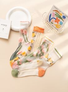 4雙花朵圖案中筒襪 - 彩色 - 查看 8