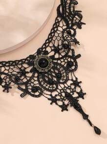 Bead Decor Lace Choker - Black - View 2
