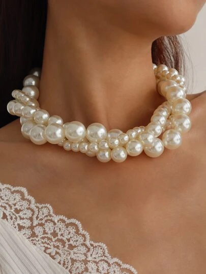 Mydear 1pc Elegant Multi-Layer Pearl & Alloy Necklace, Suitable For Women's Daily Wear And Gatherings