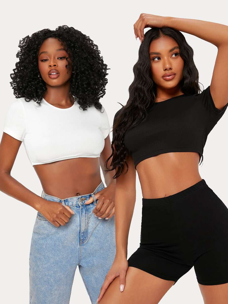 SHEIN BASICS 2pcs Solid Crop Top