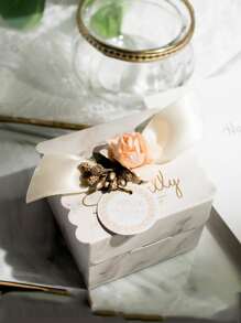 1pc Marble Pattern Gift Wrapping Box, Faux Flower Decor Candy Box For Wedding - Multicolor - View 3