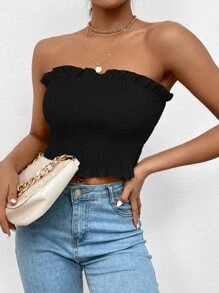 Chiquease Frill Trim Shirred Crop Tube Top - Black - View 1