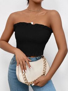 Chiquease Frill Trim Shirred Crop Tube Top - Black - View 3