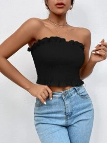 Chiquease Frill Trim Shirred Crop Tube Top - Black - View 6